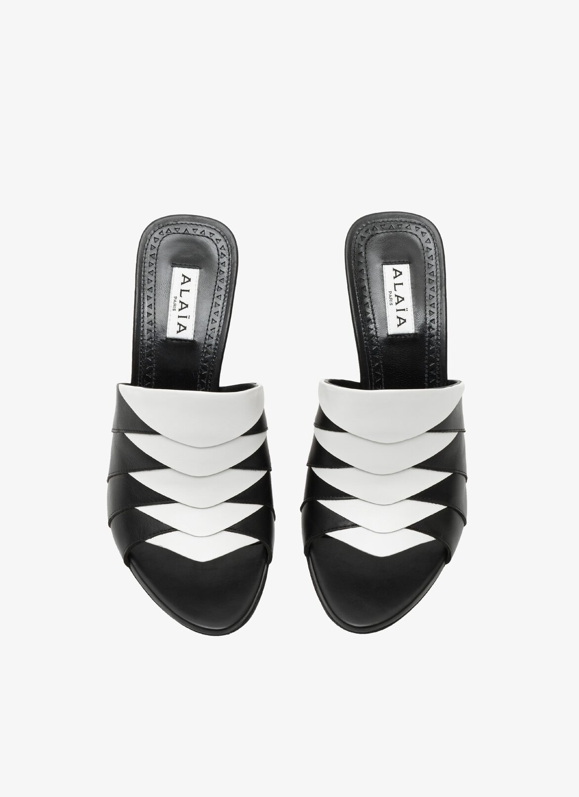 LEATHER HEEL GRAPHIC MULES ALAÏA WHITE/BLACK LEATHER HEEL GRAPHIC MULES